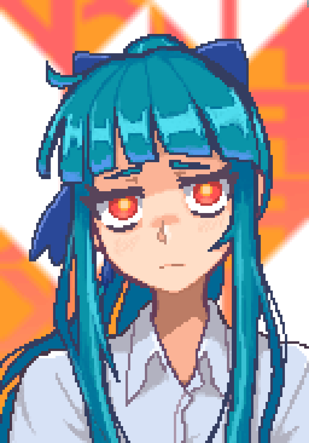 1girl aqua_hair blue_bow bow closed_mouth collared_shirt english_commentary hair_bow hcnone highres long_hair looking_at_viewer office_lady orange_pupils original penny_(hcnone) pixel_art ponytail portrait red_eyes shirt sidelocks solo white_shirt