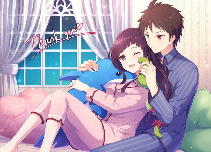 1boy 1girl :d ahoge between_legs black_hair blue_eyes blue_pajamas blunt_bangs blunt_ends blush bow breasts brown_hair closed_mouth commentary_request commission couple curtains danganronpa_(series) danganronpa_2:_goodbye_despair dolphin from_side happy heads_together heart heart_pillow hetero heterochromia hinata_hajime hug hug_from_behind indoors knees_up kousetsu large_breasts leaning_back long_hair long_sleeves looking_at_another night nose object_hug one_eye_closed pajamas pillow pink_pajamas pinstripe_pajamas pinstripe_pattern polka_dot polka_dot_pajamas red_bow red_eyes round_teeth short_hair sidelocks signature sitting skeb_commission sky smile snake spiky_hair spoilers star_(sky) starry_sky striped stuffed_animal stuffed_toy tail tail_bow tail_ornament teeth thank_you tsumiki_mikan upper_teeth_only very_long_hair window
