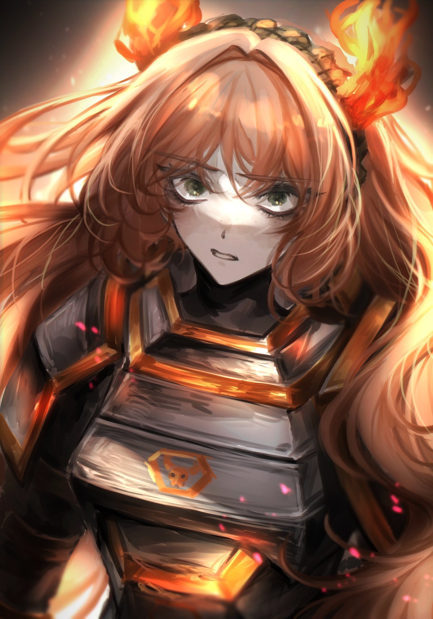 1girl armor black_shirt breastplate brown_hairband freckles green_eyes hairband highres ishmael_(limbus_company) limbus_company long_hair looking_at_viewer luull open_mouth orange_hair project_moon shirt shoulder_armor skin_tight solo teeth very_long_hair