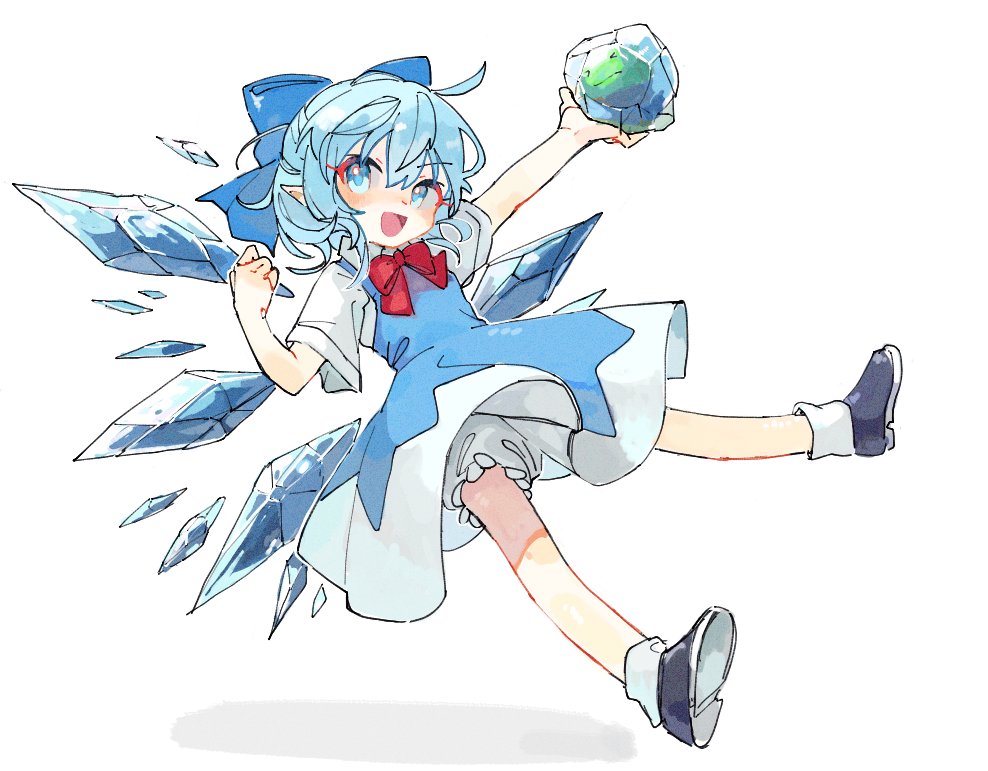 1girl :d arm_up black_footwear bloomers blue_bow blue_dress blue_eyes blue_hair bow bowtie cirno commentary_request dress frozen_frog full_body hair_bow holding ice ice_wings looking_at_viewer medium_hair open_mouth osakanadream pointy_ears puffy_short_sleeves puffy_sleeves red_bow red_bowtie shirt short_sleeves simple_background smile socks solo touhou underwear white_background white_bloomers white_shirt white_socks wings