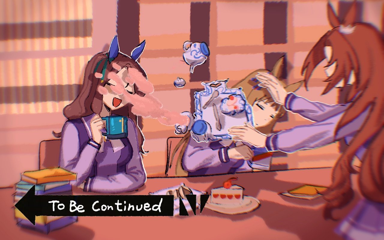 3girls animal_ears blurry book book_stack bow bowtie breasts brown_hair cake cake_slice chair closed_eyes cookie cup depth_of_field dodging faceless faceless_female food grass_wonder_(umamusume) holding holding_cup horse_ears indoors kawakami_princess_(umamusume) king_halo_(umamusume) long_hair long_sleeves mado_(71221497o) multiple_girls purple_shirt sailor_collar school_uniform shadow shirt sitting small_breasts smile spoon table teacup teapot to_be_continued tracen_school_uniform tray umamusume