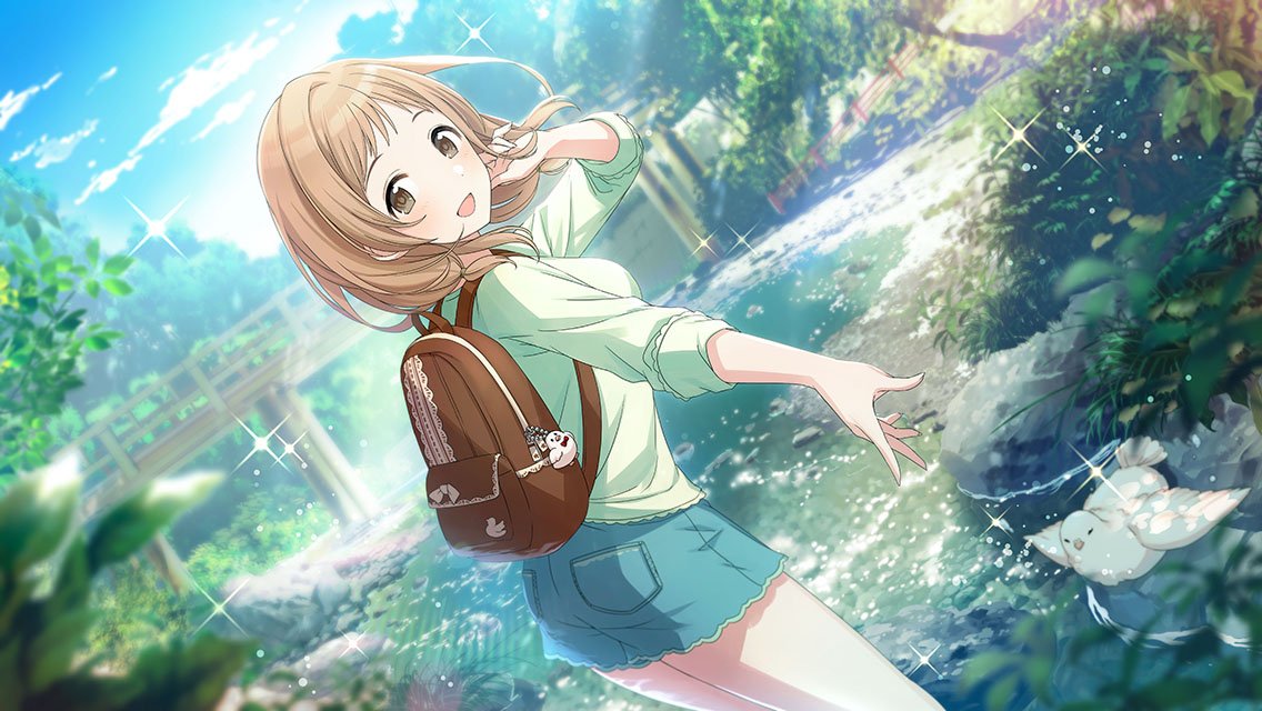 bag_charm bird blue_shorts bridge brown_bag brown_eyes brown_hair charm_(object) clouds dutch_angle game_cg green_shirt hand_in_own_hair idolmaster idolmaster_shiny_colors light_brown_hair looking_at_viewer looking_back medium_hair official_art open_mouth outdoors reaching sakuragi_mano shirt shorts sky sleeves_rolled_up smile solo sparkle thighs tomari_(veryberry00) water