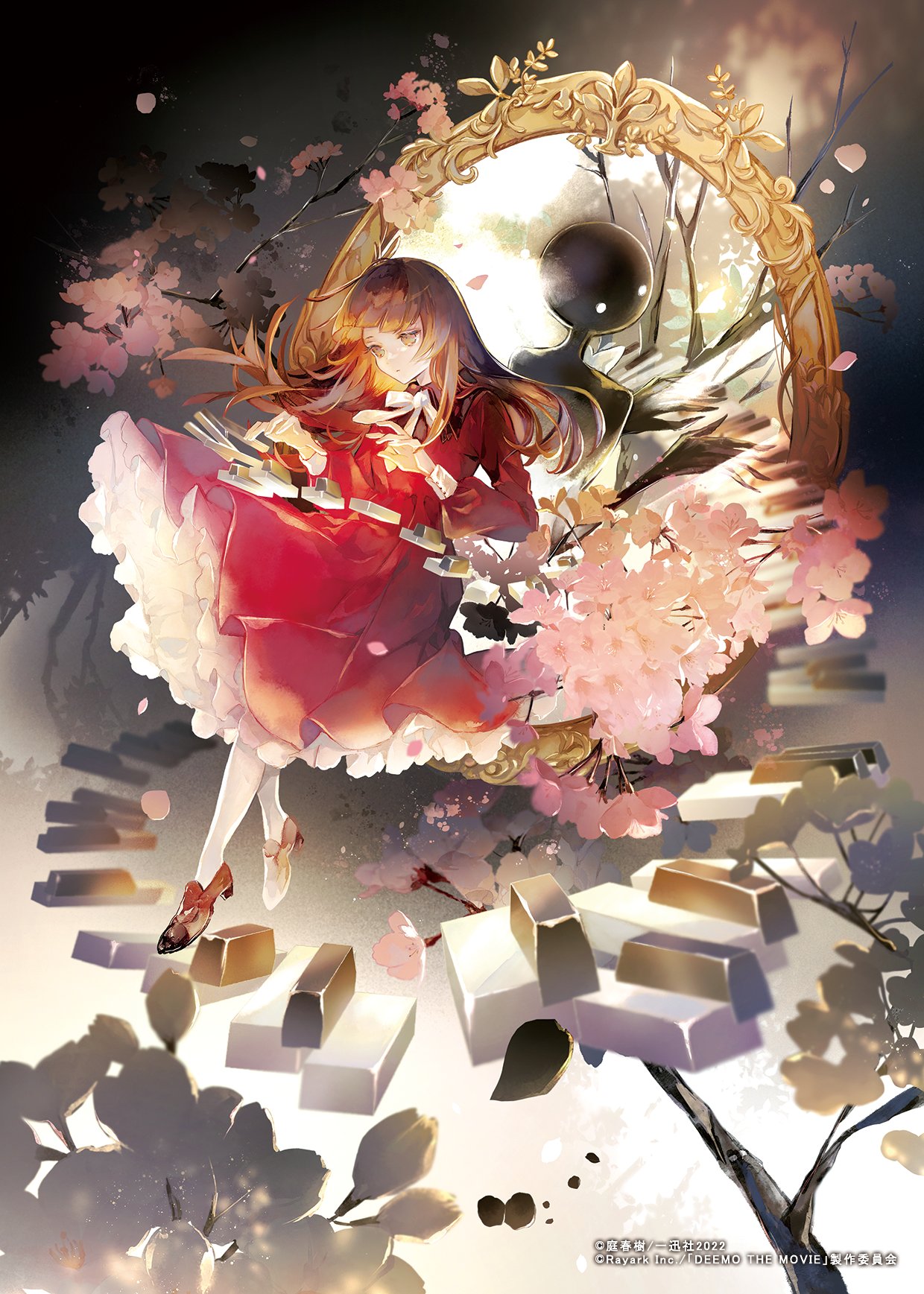 back-to-back black_footwear branch brown_eyes brown_hair deemo deemo_(character) different_reflection dot_mouth dress floating flower full_body girl_(deemo) high_heels highres instrument layered_clothes long_bangs long_hair long_sleeves looking_ahead looking_at_viewer mirror music niwa_haruki pantyhose petticoat piano_keys playing_instrument pleated_dress red_dress reflection sidelocks sleeve_cuffs white_flower white_pantyhose