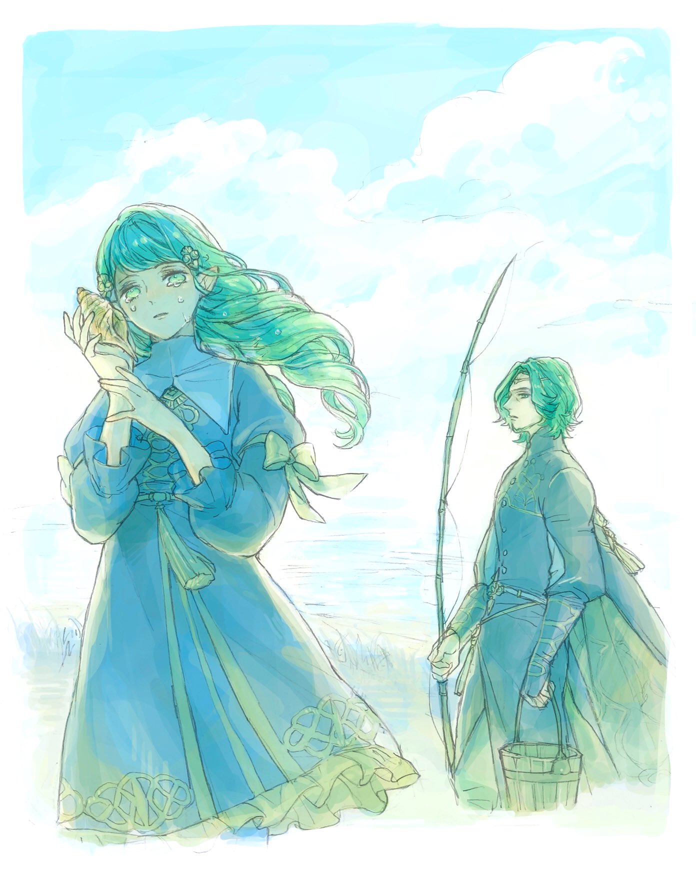 1boy 1girl aqua_theme blue_sky bucket clouds cloudy_sky crying crying_with_eyes_open curly_hair dress drill_hair father_and_daughter feet_out_of_frame fire_emblem fire_emblem:_three_houses fishing_rod flayn_(fire_emblem) garreg_mach_monastery_uniform green_eyes green_hair hair_ornament hairclip highres holding holding_bucket holding_fishing_rod holding_shell limited_palette looking_at_viewer pointy_ears seashell seteth_(fire_emblem) shell sky suzytookaflight swept_bangs tears turtleneck twin_drills