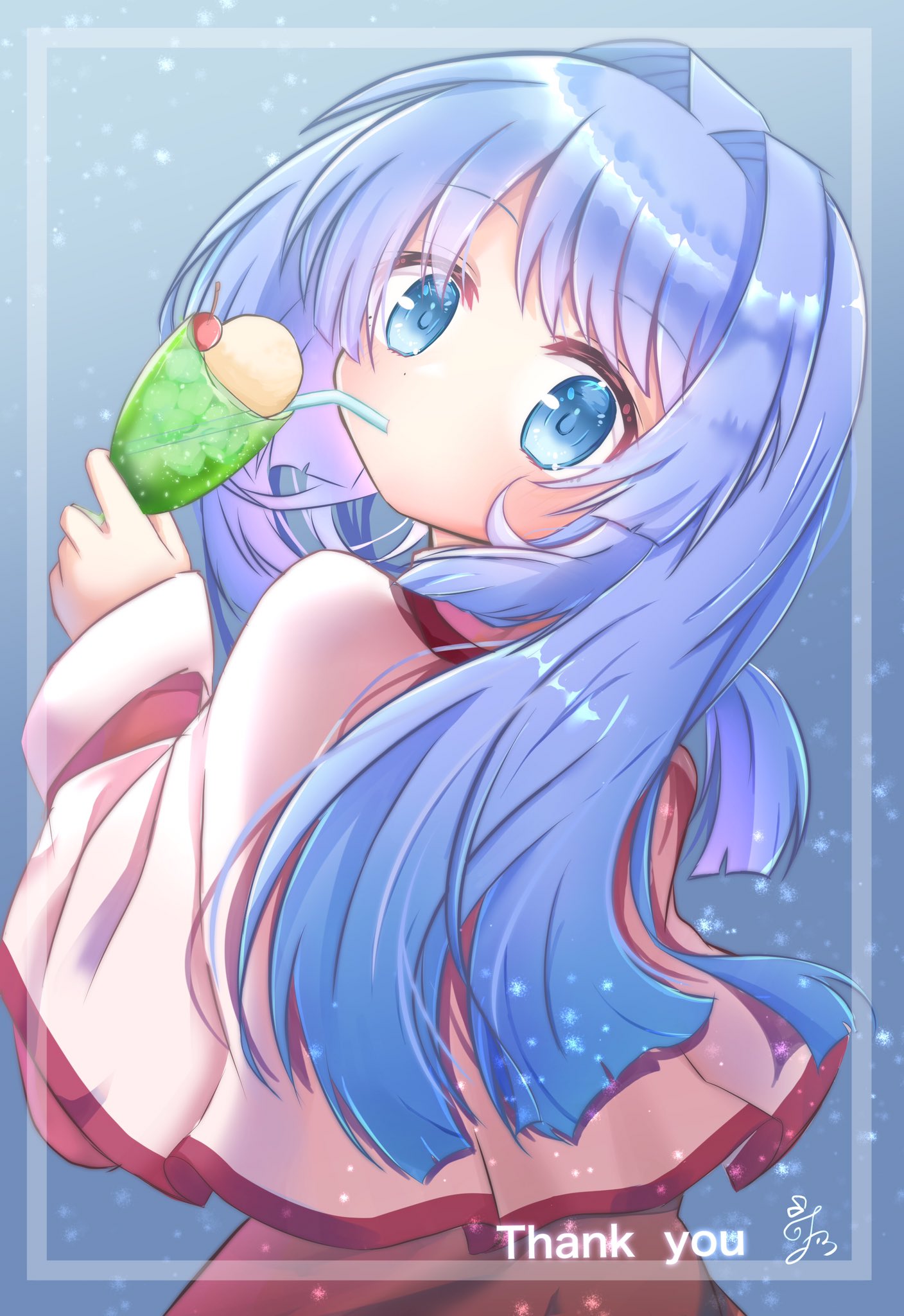 1girl blue_background blue_eyes blue_hair blunt_ends blush capelet commentary_request commission cup drinking_straw drinking_straw_in_mouth eyelashes from_behind glass hair_between_eyes hair_intakes hair_over_shoulder head_tilt highres holding holding_cup kanon long_hair long_sleeves looking_at_viewer looking_back minase_nayuki red_shirt school_uniform shirt simple_background skeb_commission snowflakes snowing solo straight_hair upper_body utuigawa white_capelet