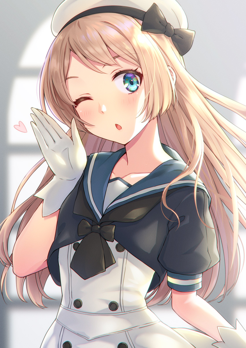 1girl ;o aqua_eyes black_bow blonde_hair blue_sailor_collar blush bow collarbone dress gloves hat hat_bow head_tilt highres jervis_(kancolle) kanden_sky kantai_collection long_hair looking_at_viewer one_eye_closed sailor_collar solo white_dress white_gloves white_headwear