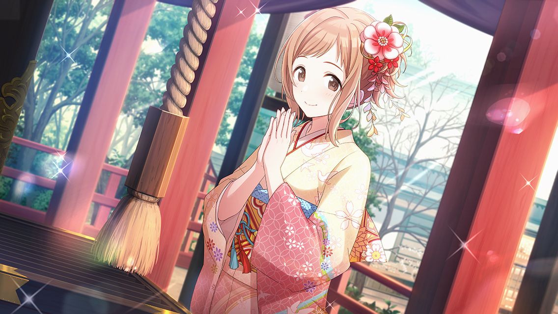 1girl animal_print bird_print brown_eyes brown_hair dutch_angle floral_print flower hair_flower hair_ornament idolmaster idolmaster_shiny_colors japanese_clothes kanzashi kimono light_brown_hair looking_at_viewer multicolored_clothes multicolored_kimono official_art own_hands_together praying sakuragi_mano shrine side_ponytail smile solo third-party_source tomari_(veryberry00)