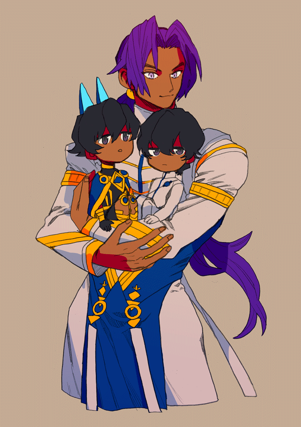 3boys arjuna_(fate) arjuna_alter_(fate) bhima_(fate) bhima_(second_ascension)_(fate) black_hair blue_horns brothers carrying carrying_person cowboy_shot dark-skinned_male dark_skin fate/grand_order fate_(series) glowing_horns horns long_hair long_sleeves looking_at_viewer looking_to_the_side male_focus multiple_boys ponytail purple_hair siblings simple_background tnaym violet_eyes white_background