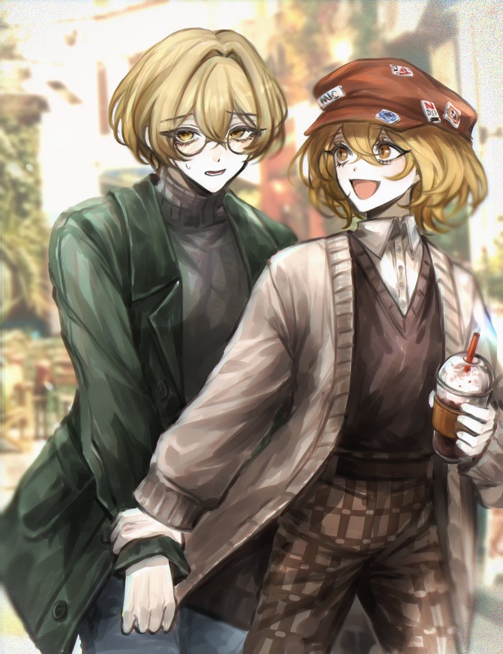 1boy 1girl belt blonde_hair blurry blurry_background brown_belt brown_cardigan brown_pants brown_vest cabbie_hat cardigan collared_shirt cup denim don_quixote_(limbus_company) dragging drinking_straw glasses grabbing_another's_arm green_jacket grey_sweater hair_between_eyes hair_intakes hat highres holding holding_cup jacket jeans lapels limbus_company long_sleeves luull notched_lapels open_cardigan open_clothes open_jacket open_mouth orange_eyes orange_headwear outdoors pants parted_lips plaid plaid_pants project_moon shirt sinclair_(limbus_company) sweater turtleneck turtleneck_sweater vest white_shirt wing_collar yellow_eyes