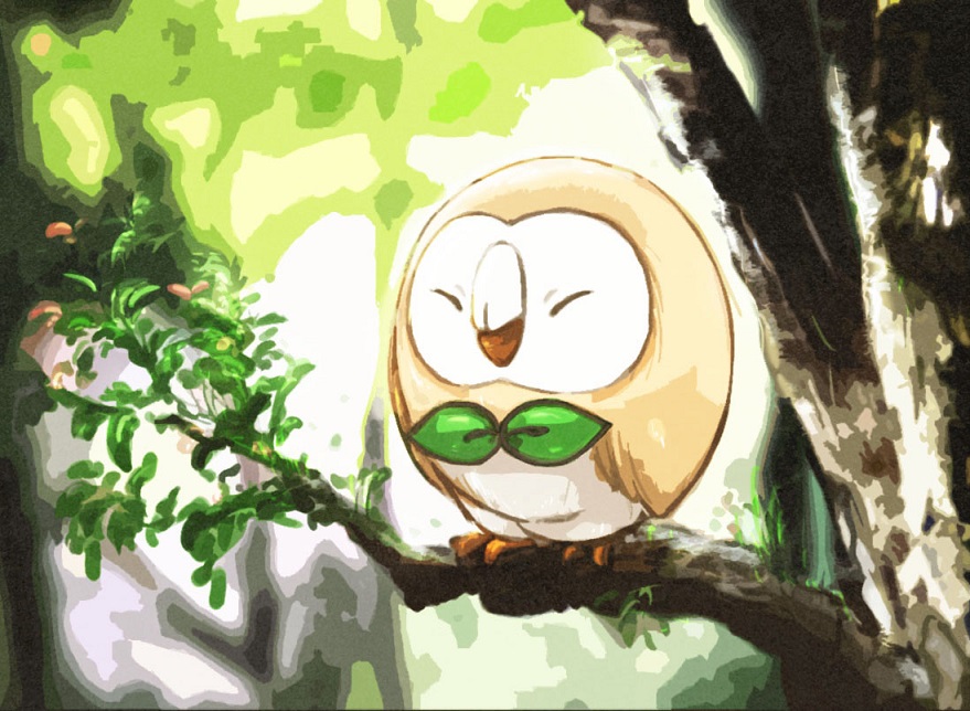animal_focus asumu_(xzhx2575) beak bird bow bowtie branch closed_eyes in_tree leaf no_humans outdoors owl pokemon pokemon_(creature) rowlet talons tree