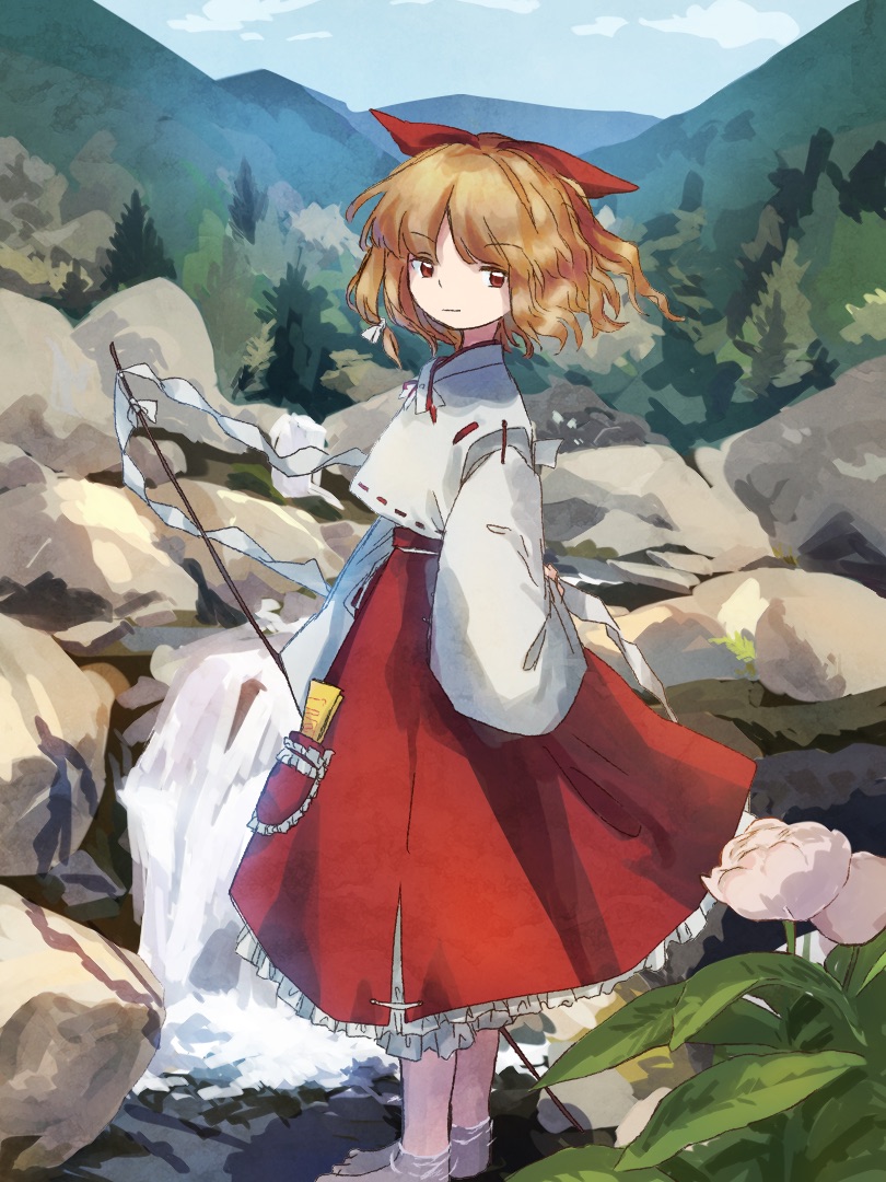 1girl blonde_hair blonde_shrine_maiden_from_a_future_era_(touhou) bow commentary_request day detached_sleeves expressionless gohei hair_bow holding holding_gohei japanese_clothes kariginu long_sleeves miko ofuda outdoors parody pocket portrait_of_exotic_girls red_bow retrochaossan shirt short_hair solo touhou water waterfall wavy_hair white_shirt white_sleeves wide_sleeves zun_(style)