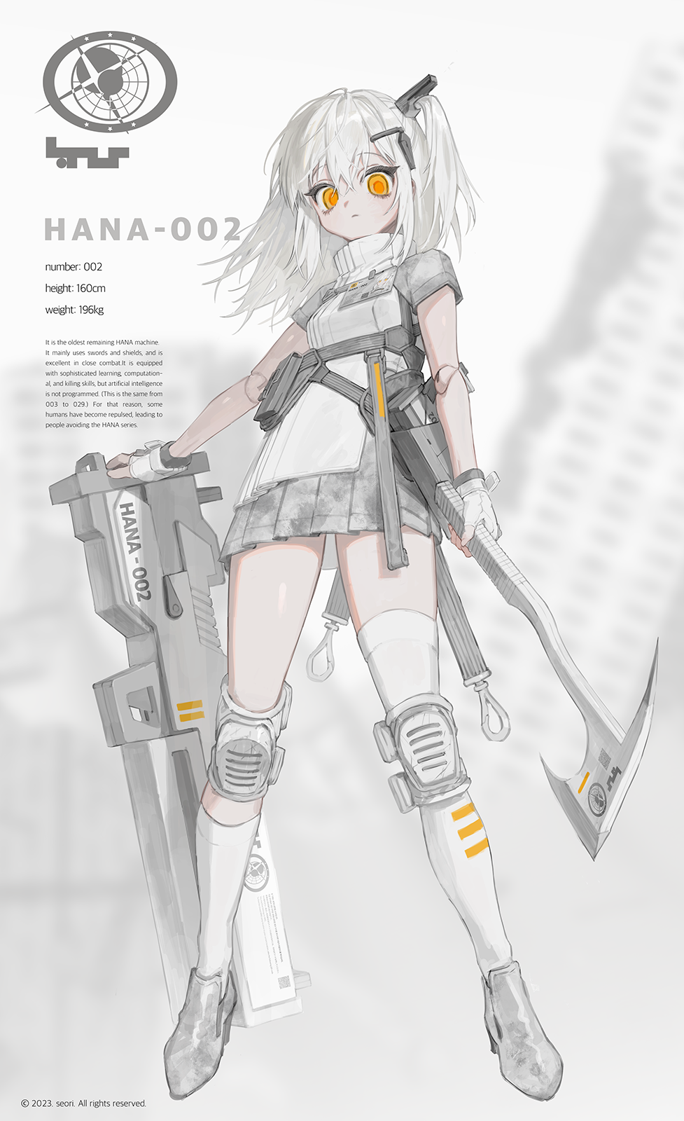 armor assault_rifle asymmetrical_legwear axe breasts character_name character_profile chest_harness english_text frost_fog full_body gloves grey_hair grey_skirt gun hair_between_eyes hair_ornament hairclip harness high_heels highres holding holding_axe knee_pads legs_apart long_hair miniskirt orange_eyes original pleated_skirt reference_sheet rifle ringed_eyes science_fiction shirt shoulder_armor side_ponytail sidelocks single_sock single_thighhigh skirt sleeveless sleeveless_shirt small_breasts socks tactical_clothes thigh-highs tomahawk turtleneck weapon white_footwear white_gloves white_shirt white_socks white_thighhighs