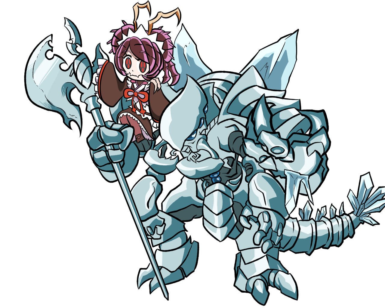 1boy 1girl antennae apron arthropod_boy arthropod_girl blue_eyes brown_footwear brown_kimono brown_pantyhose closed_mouth cocytus_(overlord) commentary_request double_bun entoma_vasilissa_zeta extra_arms extra_eyes extra_pupils fangs full_body hair_bun halberd holding ice japanese_clothes kimono maid maid_headdress monster_boy monster_girl on_shoulder overlord_(maruyama) pantyhose pincers polearm purple_hair red_eyes short_hair simple_background sitting sitting_on_shoulder size_difference skin_fangs sleeves_past_wrists smile synchroman tail weapon white_apron white_background