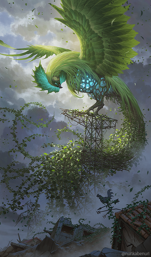 animal bird blue_eyes chicken clouds cloudy_sky creature feathers glowing glowing_eyes green_feathers no_humans nurikabe_(mictlan-tecuhtli) original overgrown oversized_animal plant rooster ruins sky solo spread_wings transmission_tower twitter_username