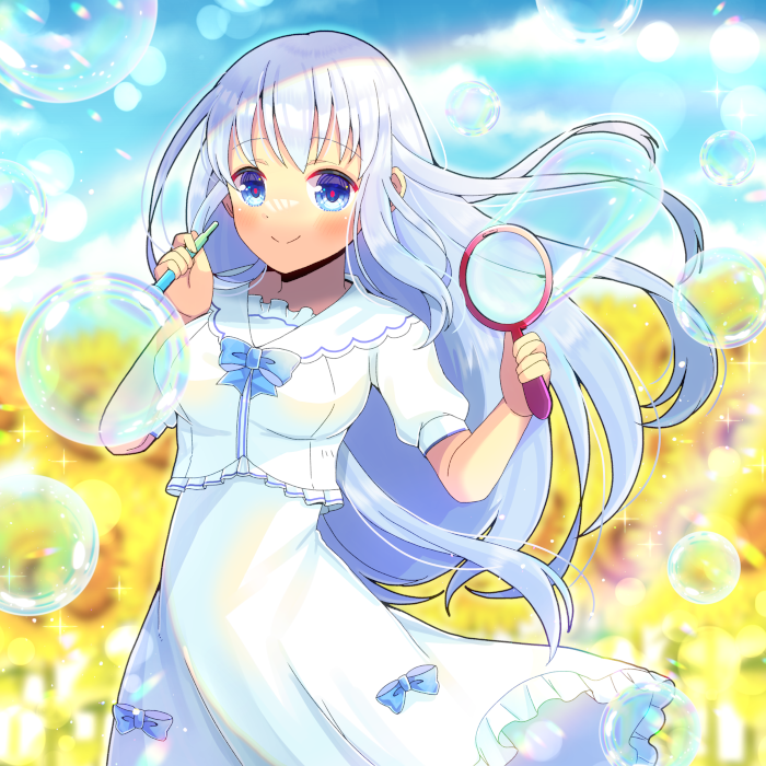 1girl blue_bow blue_eyes blue_sky blurry blurry_background bow breasts bubble bubble_pipe bubble_wand closed_mouth clouds commentary_request commission day depth_of_field dress flower frilled_dress frills grey_hair holding kou_hiyoyo long_hair medium_breasts original outdoors puffy_short_sleeves puffy_sleeves rainbow shirt short_sleeves skeb_commission sky smile solo sunflower very_long_hair white_dress white_shirt yellow_flower