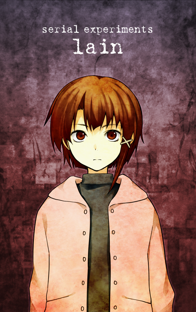 1girl :| arms_at_sides black_sweater brown_eyes brown_hair closed_mouth coat commentary copyright_name english_text expressionless gradient_background hair_ornament hood hood_down iwakura_lain long_sleeves looking_at_viewer open_clothes open_coat pink_coat purple_background red_background serial_experiments_lain short_hair single_sidelock solo straight-on sweater totsukemu turtleneck turtleneck_sweater unbuttoned upper_body upturned_eyes very_short_hair x_hair_ornament