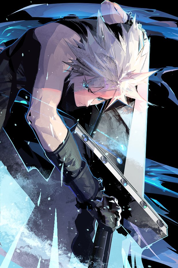 1boy armor black_gloves blonde_hair blue_eyes buster_sword closed_mouth cloud_strife cofffee fighting_stance final_fantasy final_fantasy_vii final_fantasy_vii_remake gloves holding holding_sword holding_weapon huge_weapon light_particles male_focus materia shoulder_armor single_bare_shoulder sleeveless sleeveless_turtleneck solo spiky_hair sweater sword turtleneck turtleneck_sweater weapon