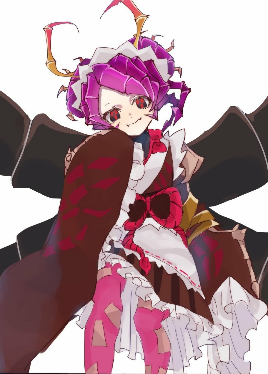 1girl antennae apron arthropod_girl arthropod_limbs brown_kimono closed_mouth commentary_request double_bun entoma_vasilissa_zeta extra_legs extra_pupils fangs feet_out_of_frame hair_bun hand_to_own_mouth head_tilt highres japanese_clothes kimono looking_at_viewer maid maid_headdress monster_girl nonnekokawaii ofuda ofuda_on_clothes overlord_(maruyama) pantyhose pink_pantyhose purple_hair red_eyes short_hair simple_background skin_fangs sleeves_past_wrists smile solo white_apron white_background wide_sleeves