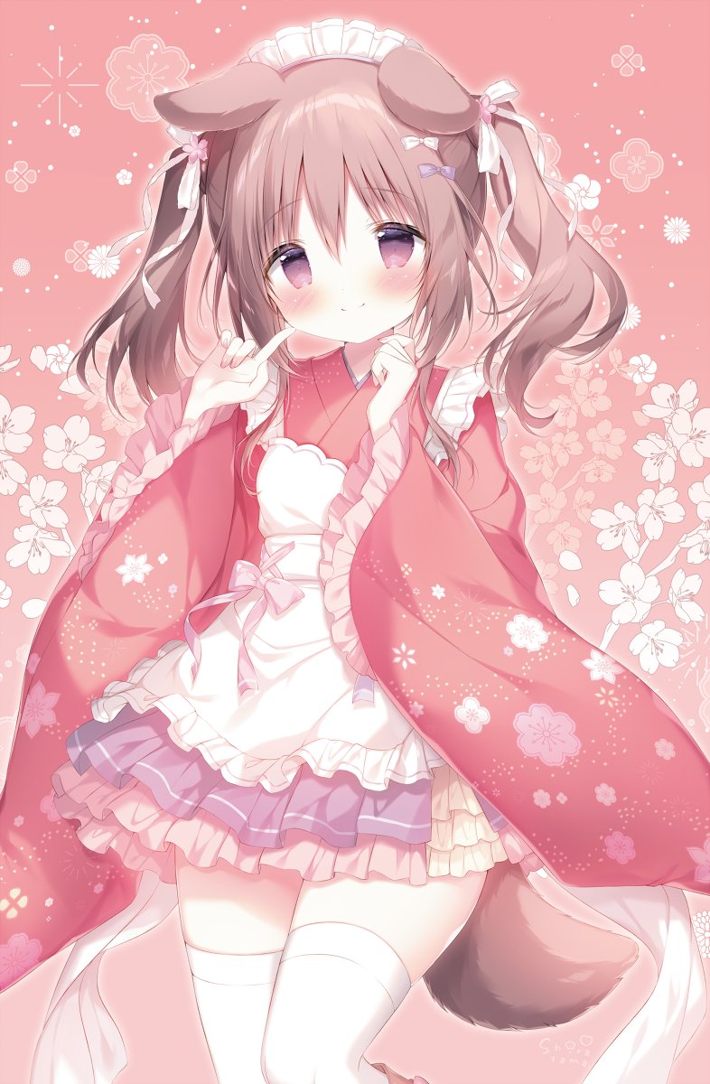 1girl animal_ears apron blue_bow blush bow brown_hair closed_mouth commentary_request dog_ears dog_girl dog_tail floral_background flower frilled_apron frilled_sleeves frills hair_between_eyes hair_bow hair_flower hair_ornament hands_up highres index_finger_raised japanese_clothes kimono long_hair long_sleeves looking_at_viewer maid maid_apron maid_headdress original pink_flower pleated_skirt purple_skirt red_kimono shiratama_(shiratamaco) sidelocks skirt sleeves_past_wrists smile solo tail thigh-highs twintails violet_eyes wa_maid white_apron white_bow white_thighhighs wide_sleeves
