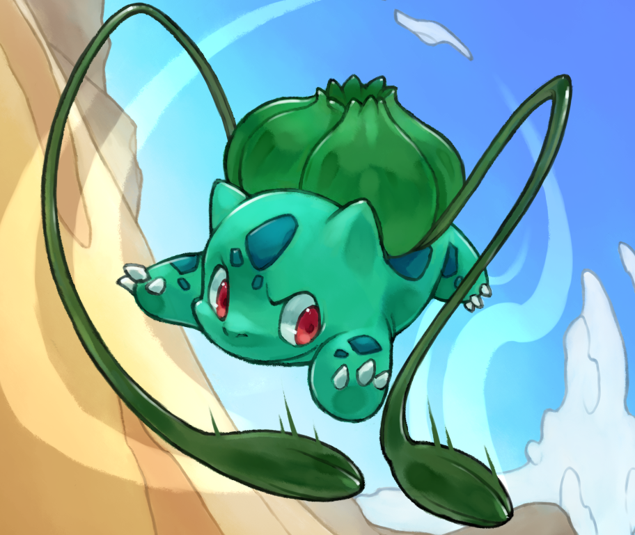 animal_focus bulbasaur claws closed_mouth clouds jumping motion_blur no_humans nostrils outdoors plant pokemon pokemon_(creature) red_eyes solo vine_whip vines yanedx