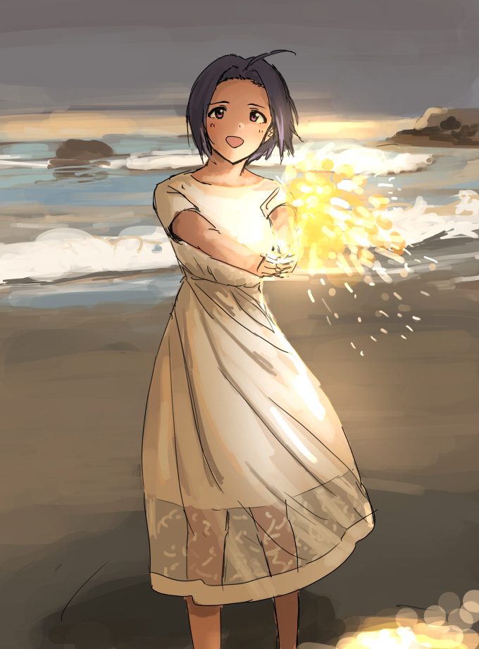 1girl ahoge annko beach blush clouds cloudy_sky cowboy_shot dress fireworks holding_fireworks idolmaster idolmaster_(classic) idolmaster_million_live! idolmaster_million_live!_theater_days looking_at_viewer miura_azusa ocean open_mouth sand short_hair short_sleeves sketch sky smile solo sparkler twilight violet_eyes water white_dress