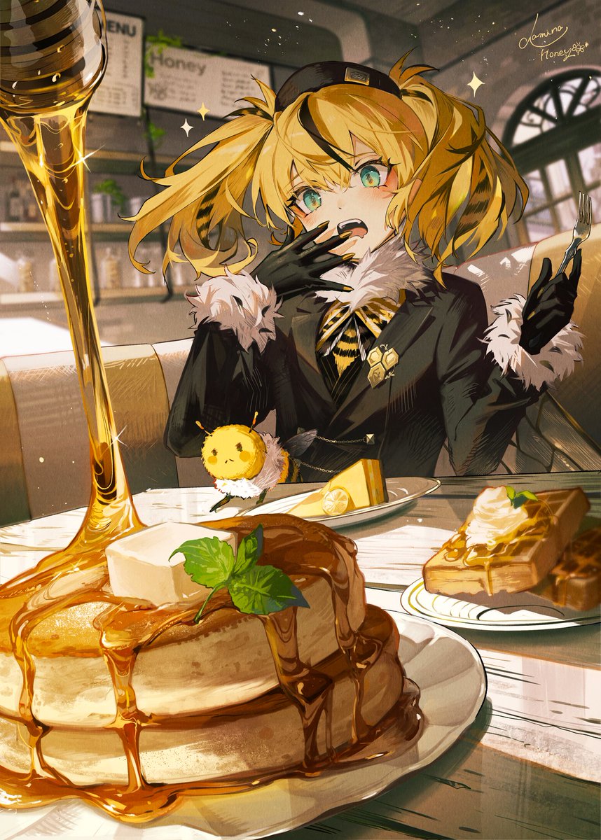 1girl bee black_gloves black_hair black_headwear blonde_hair bug butter cafe drooling food food_focus food_request fork formal fur-trimmed_collar fur-trimmed_sleeves fur_trim gloves green_eyes hair_between_eyes hand_to_own_face hand_to_own_mouth hands_up highres holding holding_fork honey honeycomb_ornament indoors long_sleeves looking_at_food medium_hair menu_board mouth_drool multicolored_hair open_mouth original ozadomi pancake plate sitting solo streaked_hair suit table teeth two_side_up upper_body upper_teeth_only window yellow_nails