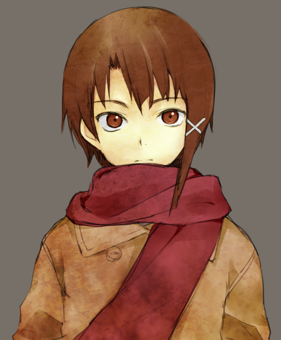 1girl :| brown_background brown_coat brown_eyes brown_hair closed_mouth coat commentary expressionless hair_ornament iwakura_lain long_sleeves looking_at_viewer portrait red_scarf scarf serial_experiments_lain short_hair simple_background single_sidelock solo straight-on totsukemu upper_body upturned_eyes very_short_hair winter_clothes x_hair_ornament