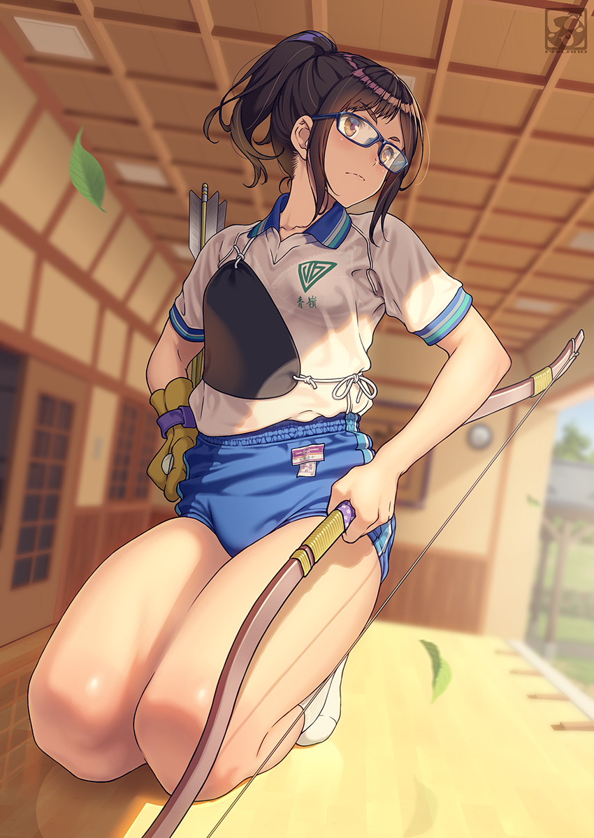 1girl archery arrow_(projectile) artist_logo black_hair bow_(weapon) bra buruma commentary_request falling_leaves full_body glasses gloves gym_uniform hair_tie highres holding holding_bow_(weapon) holding_weapon kneeling kyuudou leaf long_hair muneate original pairan see-through see-through_shirt shirt short_ponytail socks solo t-shirt underwear weapon yellow_eyes yumi_(bow)