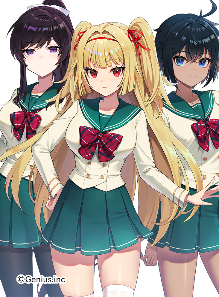 3girls :d anzumame black_hair black_pantyhose blonde_hair blue_eyes bow bowtie breasts buttons collarbone dot_nose double-breasted green_sai green_skirt hair_bow high_ponytail large_breasts legs_apart long_bangs long_sleeves miniskirt multiple_girls official_art open_mouth original pale_skin pantyhose plaid plaid_bow plaid_bowtie pleated_skirt purple_hair raised_eyebrows red_bow red_bowtie red_eyes school_uniform serafuku shirt short_hair skirt smile straight_hair tan thick_thighs thigh-highs thighs tomboy twintails two_side_up violet_eyes white_background white_bow white_shirt white_thighhighs zettai_ryouiki