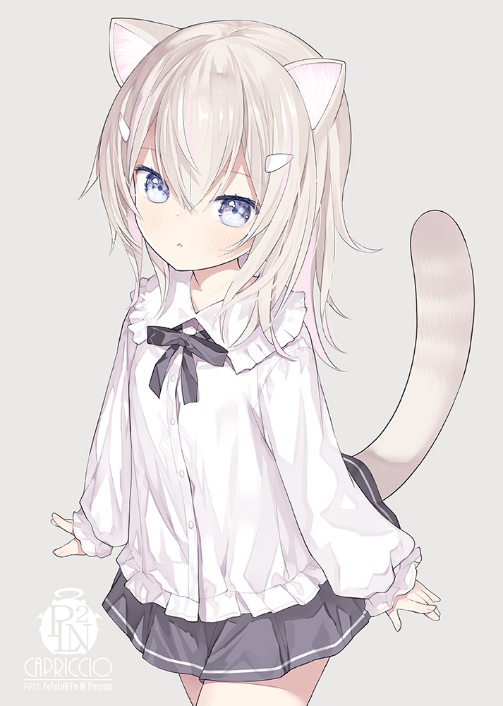 1girl :o animal_ear_fluff animal_ears blue_eyes blush brown_hair capriccio cat_ears cat_girl cat_tail collared_shirt commentary_request dress_shirt frilled_shirt_collar frills grey_background grey_skirt hair_between_eyes hair_ornament hairclip looking_at_viewer original parted_lips pleated_skirt shirt simple_background skirt solo standing tail white_shirt