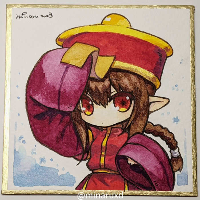 1girl blackcat_(blackcatbox) brown_eyes brown_hair closed_mouth coat commentary_request cowboy_shot dated expressionless hair_between_eyes hat jiangshi long_hair looking_at_viewer medium_bangs munak ofuda painting_(medium) photo_(medium) pointy_ears ponytail qing_guanmao ragnarok_online red_coat red_headwear shikishi signature sleeves_past_fingers sleeves_past_wrists solo traditional_media watercolor_(medium)