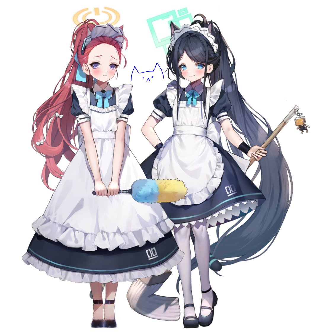 2girls ahoge animal_ears apron aqua_bow aqua_bowtie aqua_eyes aris_(blue_archive) aris_(maid)_(blue_archive) black_dress black_footwear black_hair black_wristband blue_archive blush bow bowtie cat_ears cat_tail collar dress embarrassed extra_ears forehead full_body hair_bow halo hanato_(seonoaiko) high_ponytail holding holding_mop long_dress long_hair maid maid_apron maid_headdress mary_janes mop multiple_girls official_alternate_costume pantyhose parted_bangs ponytail redhead shoes simple_background smile tail very_long_hair violet_eyes white_background white_bow white_collar white_pantyhose wristband yuzu_(blue_archive) yuzu_(maid)_(blue_archive)