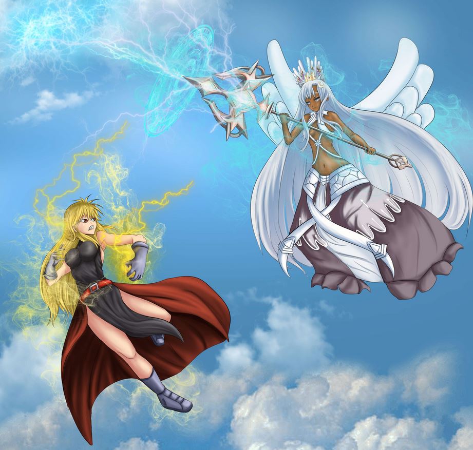 angel_halo angel_wings celestial goddess holding_weapon lightning lunabrie_yahweh sky_background weapon wolf_ears