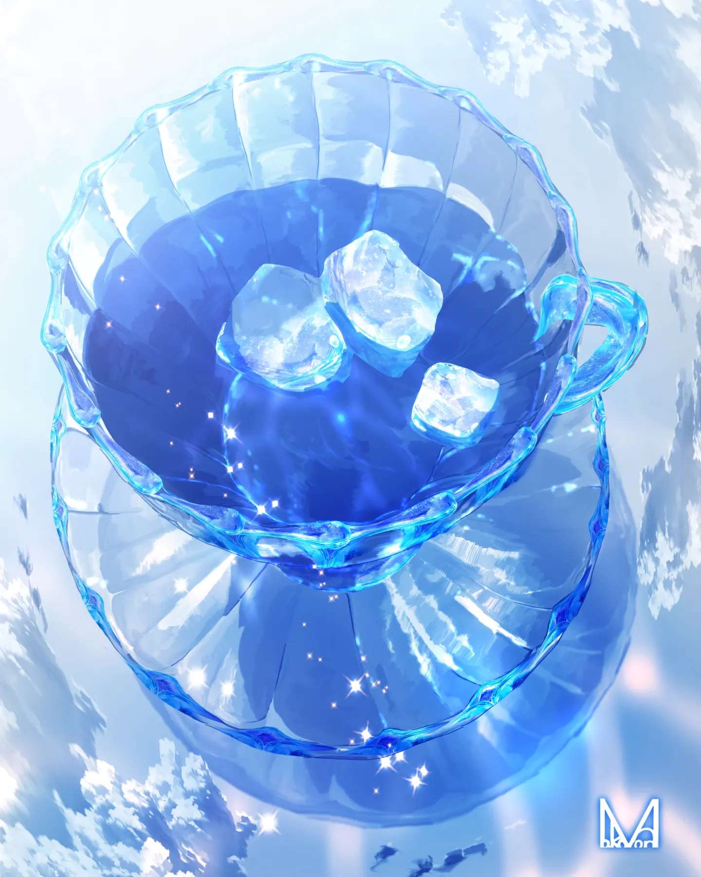caustics clouds cup drink food_focus highres ice ice_cube makoron117117 no_humans original reflection saucer still_life teacup white_theme