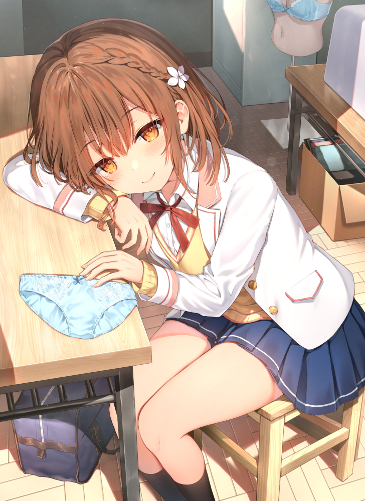 1girl black_socks blue_bra blue_panties blue_skirt blush bow bow_bra bow_panties bra braid brown_eyes brown_hair chair closed_mouth cover_image feet_out_of_frame flower hair_flower hair_ornament indoors jacket lingerie_girl_wo_okini_mesu_mama long_sleeves miniskirt mizuno_mio novel_illustration official_art open_clothes open_jacket panties panties_removed pleated_skirt revision school_uniform short_hair sidelocks skirt smile socks solo sune_(mugendai) sweater table textless_version thighs underwear white_jacket wooden_chair yellow_sweater
