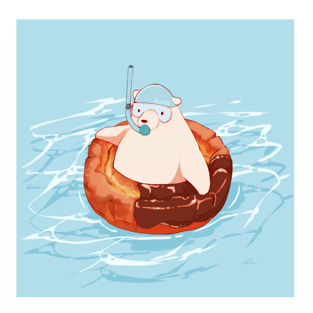 afloat bear blue_background border chai_(drawingchisanne) chocolate commentary_request dessert doughnut food goggles in_food looking_at_viewer original partially_submerged polar_bear shirokuma-san_(drawingchisanne) simple_background snorkel snorkel_in_mouth swim_cap undersized_animal water white_border