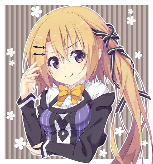 &gt;:) 1girl akishisu_(air_balance) artist_name black_ribbon blonde_hair bow breasts brown_background closed_mouth commentary_request crossed_bangs eyelashes eyes_visible_through_hair hair_between_eyes hair_ornament hair_ribbon hairclip hand_up long_hair long_sleeves looking_at_viewer medium_breasts oogaki_hinata otome_domain ribbon school_uniform shirt side_ponytail simple_background smile smug solo straight-on striped striped_background upper_body v-shaped_eyebrows very_long_hair violet_eyes white_shirt yellow_bow