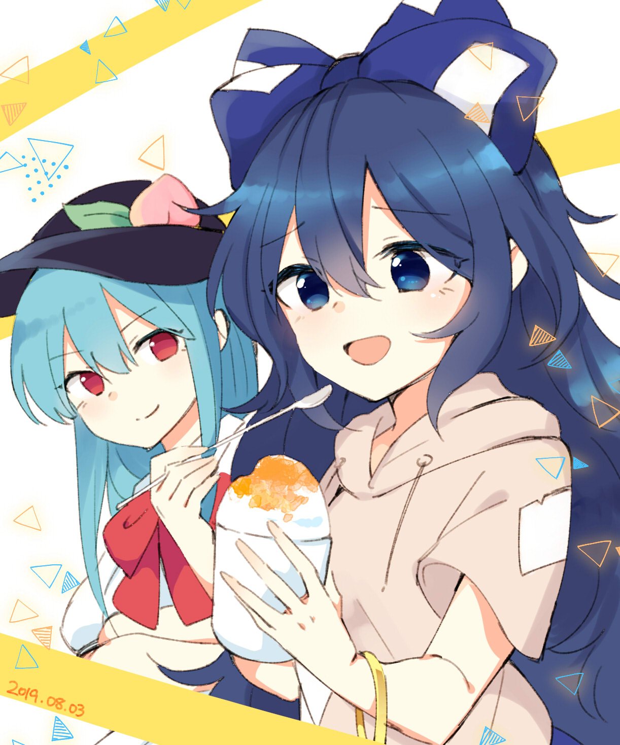 2girls bangle black_headwear blue_bow blue_eyes blue_hair blue_skirt bow bowtie bracelet closed_mouth collared_shirt crossed_arms cup dated debt food grey_hoodie hair_between_eyes hair_bow hands_up hat hat_ornament highres hinanawi_tenshi holding holding_cup holding_spoon hood hoodie ice_cream jewelry leaf leaf_hat_ornament long_hair looking_at_another looking_to_the_side multiple_girls one-hour_drawing_challenge open_mouth peach_hat_ornament puffy_short_sleeves puffy_sleeves red_bow red_bowtie red_eyes shirt short_sleeves sidelocks sitting skirt smile spoon tama_(soon32281) tongue touhou triangle triangle_background white_background white_shirt yorigami_shion