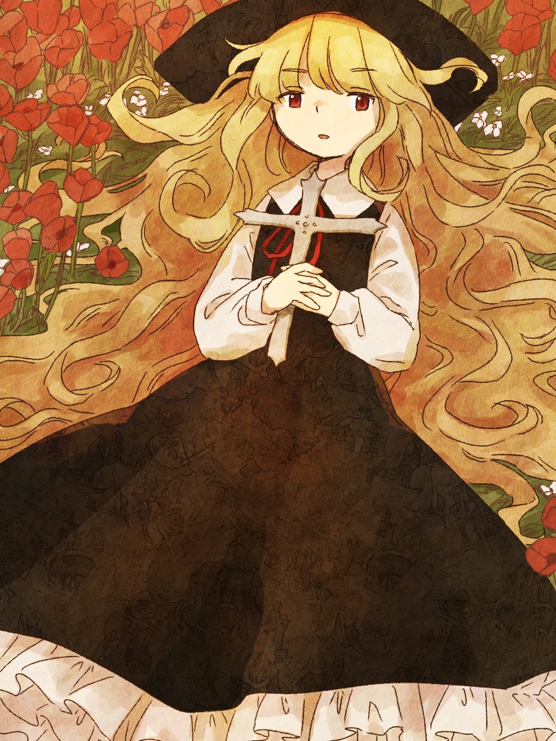 1girl blonde_hair brown_dress brown_hair commentary_request cross dress fedora flower hat holding holding_cross jacket_girl_(dipp) long_hair long_sleeves lying neck_ribbon parted_lips pinafore_dress red_eyes red_flower red_ribbon retrochaossan ribbon rose shirt sleeveless sleeveless_dress solo touhou very_long_hair wavy_hair white_shirt