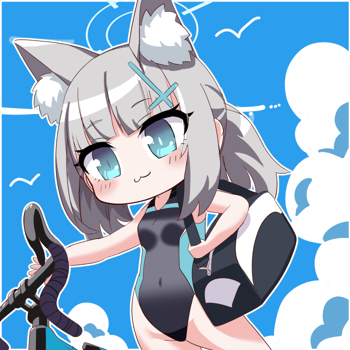 1girl :3 animal_ear_fluff animal_ears bag bicycle blue_archive blue_eyes blue_sky chibi clouds cloudy_sky commentary_request competition_school_swimsuit extra_ears grey_hair groin hair_between_eyes halo looking_at_viewer low_ponytail medium_hair mismatched_pupils o_(rakkasei) official_alternate_costume official_alternate_hairstyle outdoors school_swimsuit shiroko_(blue_archive) shiroko_(swimsuit)_(blue_archive) shoulder_bag sidelocks sky sleeveless smile solo swimsuit wolf_ears wolf_girl