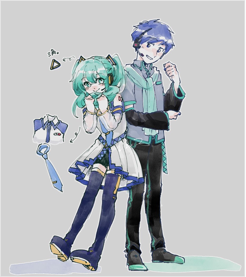 1boy 1girl :&gt; adapted_costume aqua_belt aqua_eyes aqua_hair aqua_scarf arrow_(symbol) back-to-back bare_shoulders belt black_footwear black_pants black_shorts black_sleeves blue_belt blue_eyes blue_footwear blue_hair blue_nails blue_necktie blush boots breast_pocket clenched_hand collared_shirt colored_shoe_soles commentary cosplay costume_switch dark_blue_hair detached_sleeves dorsiflexion dot_nose dress elbow_rest eyelashes fingernails front_slit full_body grey_background grey_outline grey_shirt hair_between_eyes hair_scarf hand_on_own_elbow hand_up hands_up happy hatsune_miku head_tilt headset height_difference holding holding_hair kaito_(vocaloid) light_smile long_hair looking_at_another looking_down looking_up loose_belt necktie number_tattoo outline pants parted_lips pleated_dress pocket sano_(prsk_kaito) scarf shirt shoe_soles shoes short_sleeves shorts shoulder_tattoo side-by-side sideways_glance simple_background single_vertical_stripe sleeveless sleeveless_dress smile standing swept_bangs symbol-only_commentary tareme tattoo thigh_boots tie_clip twintails very_long_hair vocaloid white_dress white_sleeves wide_sleeves zettai_ryouiki