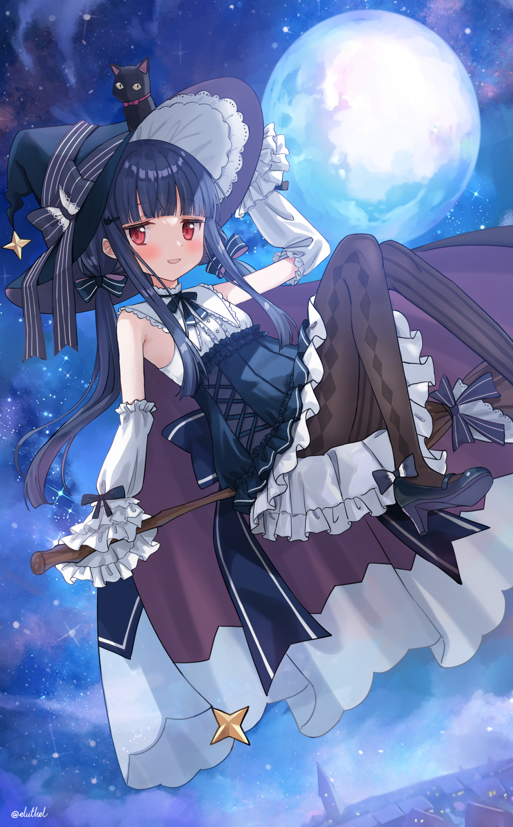 1girl :d argyle argyle_legwear black_bow black_cat black_headwear black_pantyhose blue_hair blue_skirt blush bow breasts broom broom_riding cat center_frills clouds detached_sleeves dot_nose eluthel flying frilled_shirt frilled_skirt frills full_moon hair_bow hat hat_bow high_heels highres holding holding_broom idolmaster idolmaster_cinderella_girls long_bangs low_twintails moon night open_mouth outdoors pantyhose pleated_skirt raised_eyebrows red_eyes sajo_yukimi shirt sidelocks signature skirt sky sleeveless sleeveless_shirt small_breasts smile solo star_(sky) starry_sky teeth twintails white_shirt white_sleeves witch witch_hat