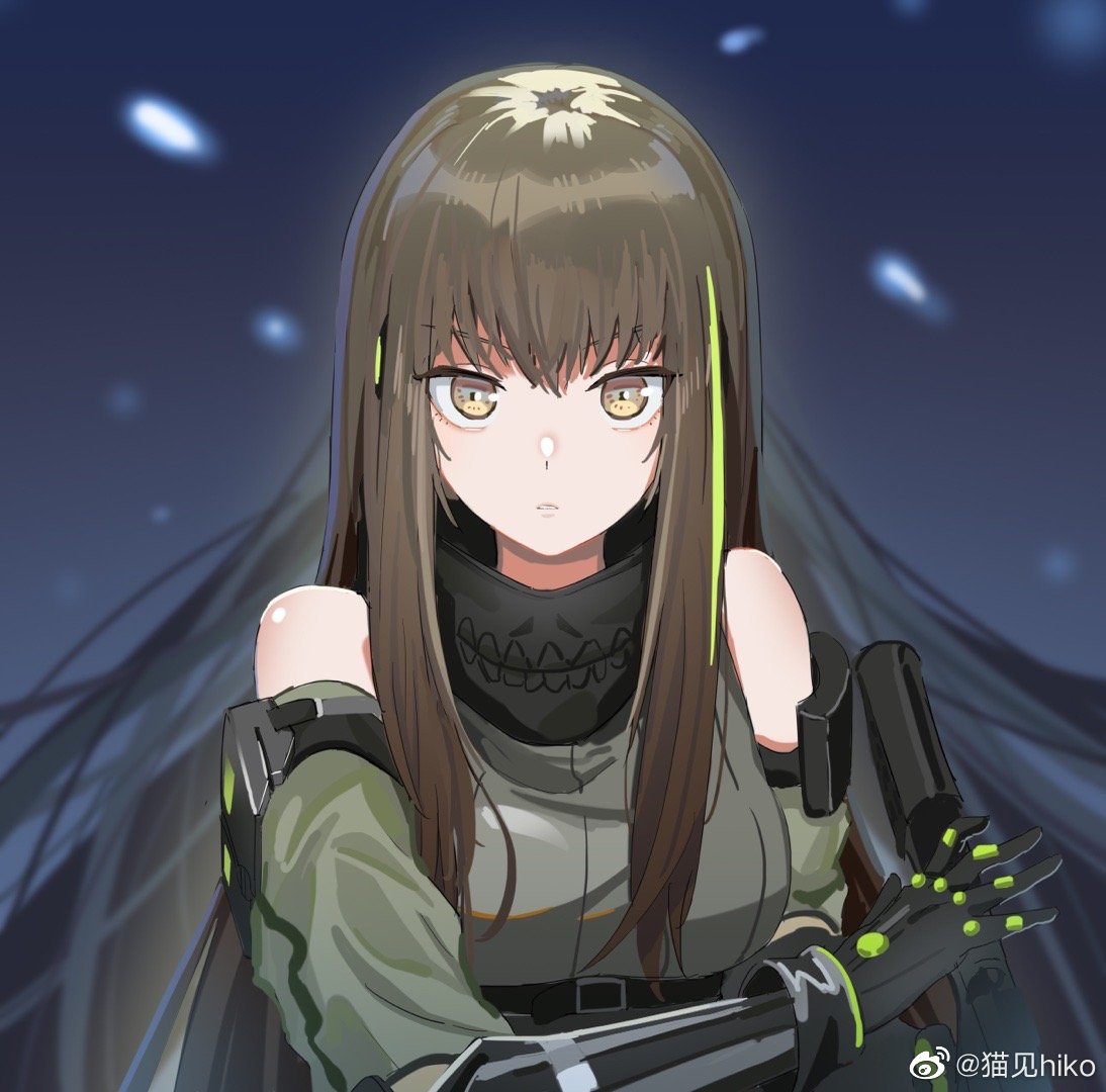 1girl assault_rifle bare_shoulders breasts brown_hair commentary_request expressionless girls_frontline green_hair gun holding holding_gun holding_weapon long_hair looking_at_viewer m4_carbine m4a1_(girls'_frontline) m4a1_(mod3)_(girls'_frontline) mao_jian_hiko medium_breasts multicolored_hair rifle solo straight-on streaked_hair upper_body weapon weibo_username yellow_eyes