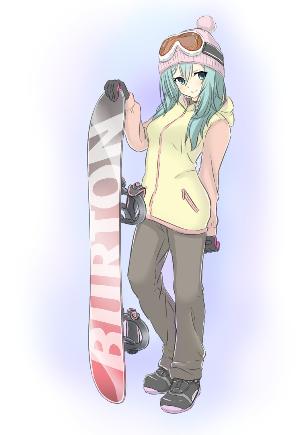 1girl aqua_eyes aqua_hair arm_at_side black_footwear black_gloves blue_background blush brown_pants closed_mouth commentary_request full_body gloves goggles goggles_on_head hair_between_eyes hand_up highres hirocchi holding_snowboard hood hood_down hooded_jacket jacket long_hair long_sleeves looking_at_viewer multicolored_clothes multicolored_jacket pants pink_headwear pink_jacket riddle_joker shikibe_mayu shirt simple_background smile standing two-tone_jacket winter_clothes yellow_jacket