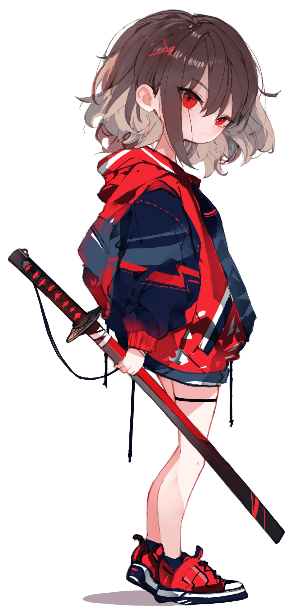 1girl bare_legs blue_shorts blush brown_hair dot_mouth expressionless from_side full_body hair_between_eyes hair_ornament hairclip highres holding holding_sword holding_weapon hood hood_down hooded_jacket jacket katana kotatu_(akaki01aoki00) legs_together long_sleeves looking_at_viewer medium_hair original puffy_long_sleeves puffy_sleeves red_eyes red_footwear red_jacket shoes shorts sidelocks simple_background sneakers solo sword weapon white_background