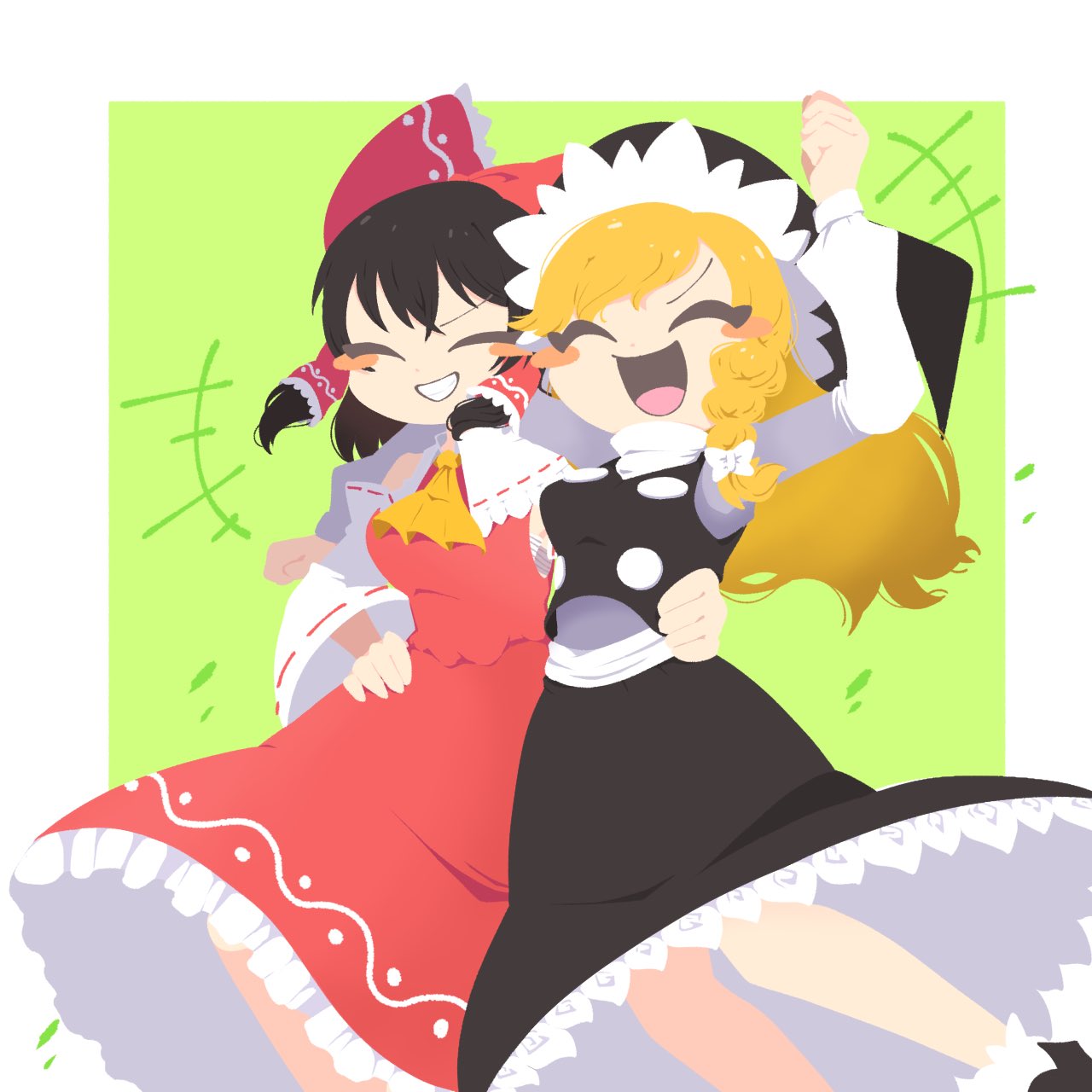 +++ 2girls :d arm_up blush_stickers breasts commentary_request friends green_background grin hakurei_reimu hand_on_own_hip happy highres kirisame_marisa medium_breasts multiple_girls shinsei_tomato simple_background smile teeth tongue touhou