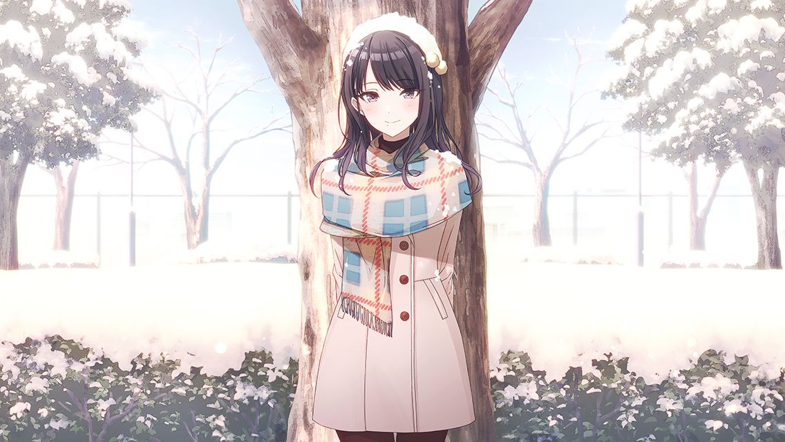1girl arms_behind_back beanie black_hair black_leggings black_sweater bush cowboy_shot day fog game_cg hat idolmaster idolmaster_shiny_colors kazano_hiori leggings long_hair looking_at_viewer official_art outdoors plaid plaid_scarf pom_pom_(clothes) scarf shirt smile snow snowing solo standing sweater tree turtleneck violet_eyes white_headwear wide_shot winter_clothes