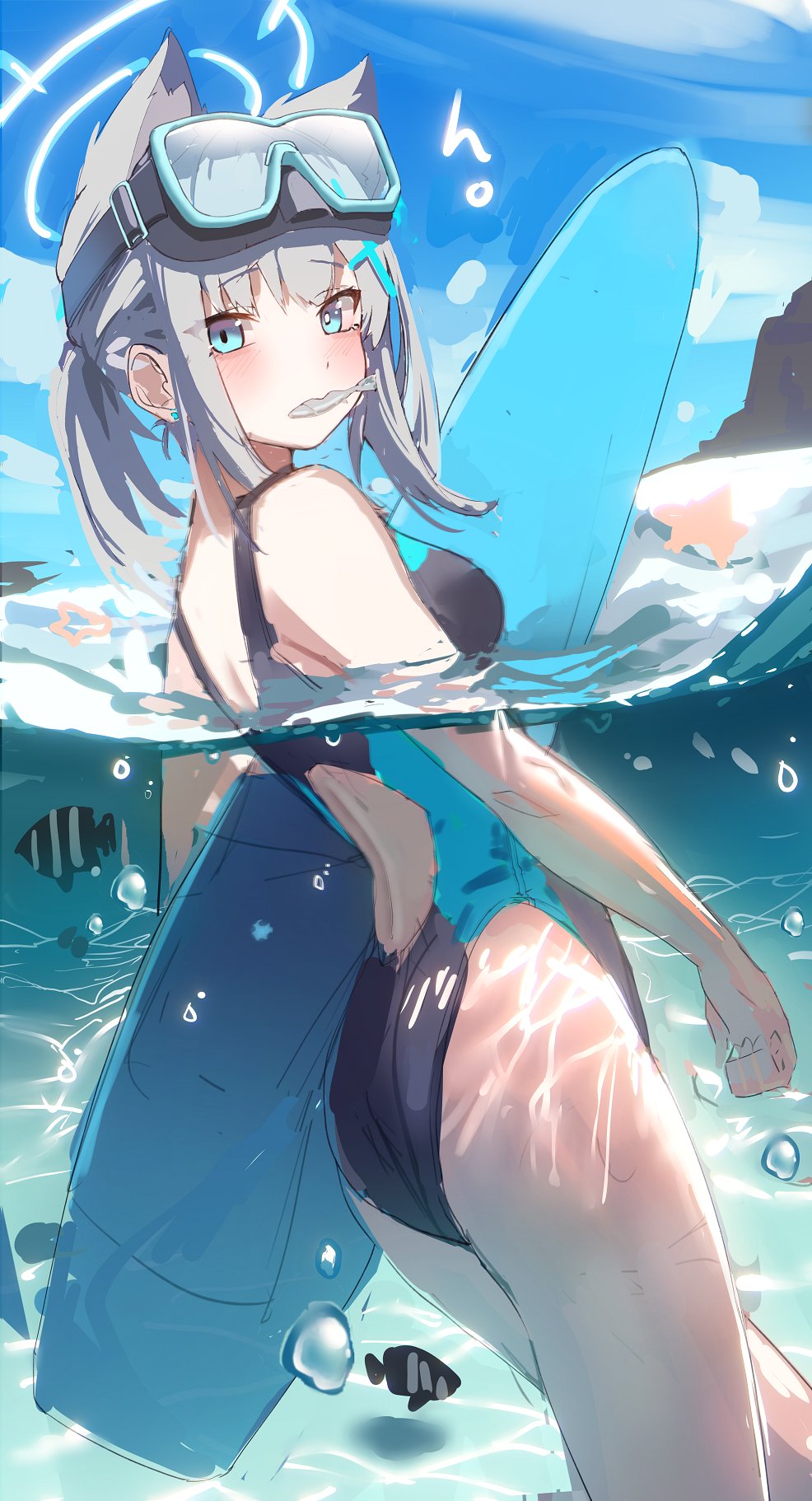 1girl aekun_cben air_bubble animal_ears ass beach bikini black_one-piece_swimsuit blue_archive blue_eyes blush breasts bright_pupils bubble diving_mask fish goggles grey_hair halo highres looking_at_viewer mismatched_pupils one-piece_swimsuit partially_submerged ponytail shiroko_(blue_archive) shiroko_(swimsuit)_(blue_archive) sidelocks solo surfboard swimsuit water wet white_pupils wolf_ears