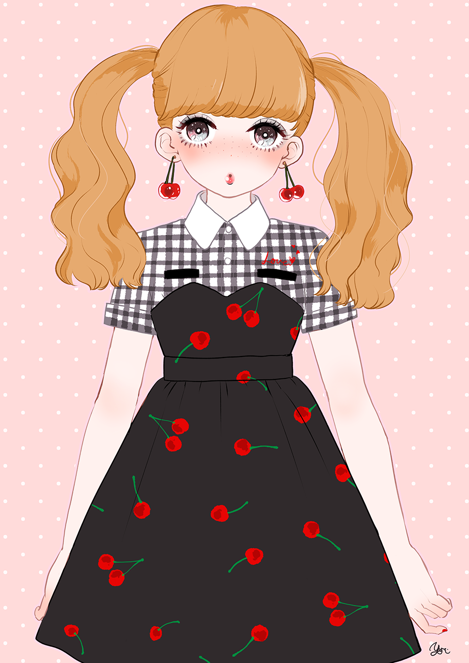 1girl black_dress blonde_hair blush cherry_earrings cherry_print collared_shirt dress earrings eyeshadow fashion food-themed_earrings food_print freckles gingham gingham_skirt highres jewelry long_hair looking_at_viewer makeup multicolored_eyes nail_polish original polka_dot polka_dot_background puckered_lips red_nails shirt solo strapless strapless_dress twintails yori_(ito_haruki)