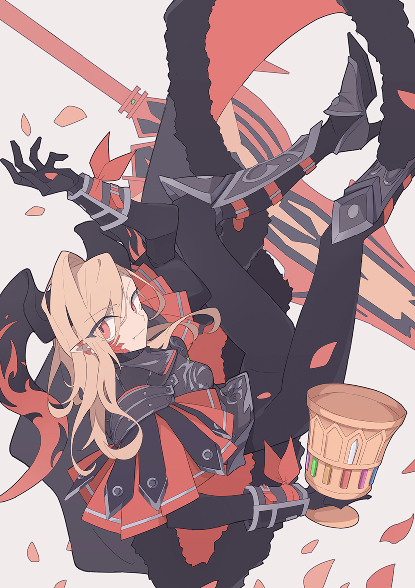 1girl armor aww_(pixiv4034890) black_bodysuit blonde_hair bodysuit cape fang fate/grand_order fate_(series) fur-trimmed_cape fur_trim grail greaves high_heels horns long_hair nero_claudius_(fate) petals pointy_ears queen_draco_(fate) queen_draco_(third_ascension)_(fate) red_eyes sword weapon